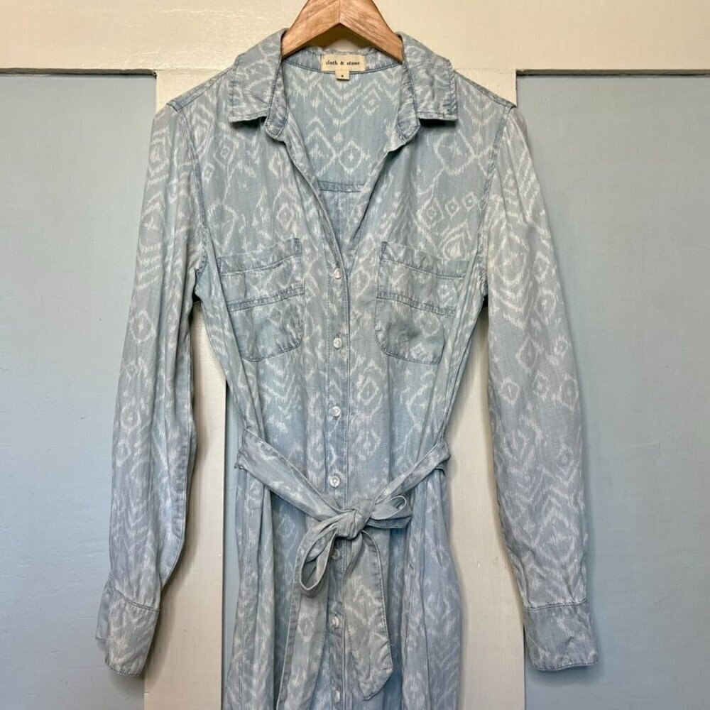 Anthropologie Cloth & Stone Blue & White Ikat Chambray Collared Button Front Dre - Picture 3 of 12